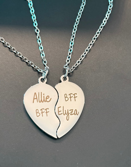 Personalized BFF Heart Pendant Necklaces, SET OF TWO