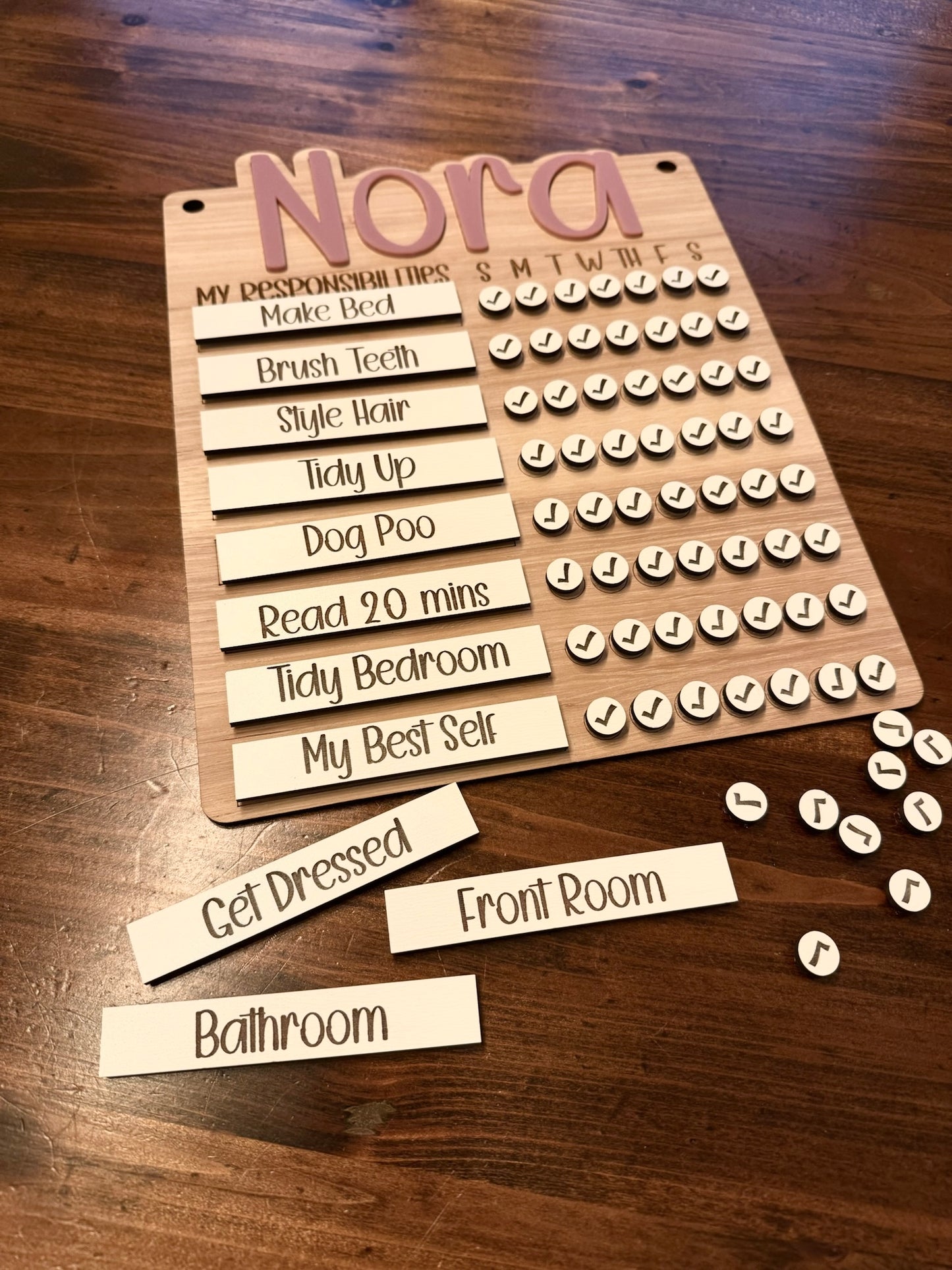 Wooden Chore Chart / Responsibility Tracker for Kids- Personalized and Customizable